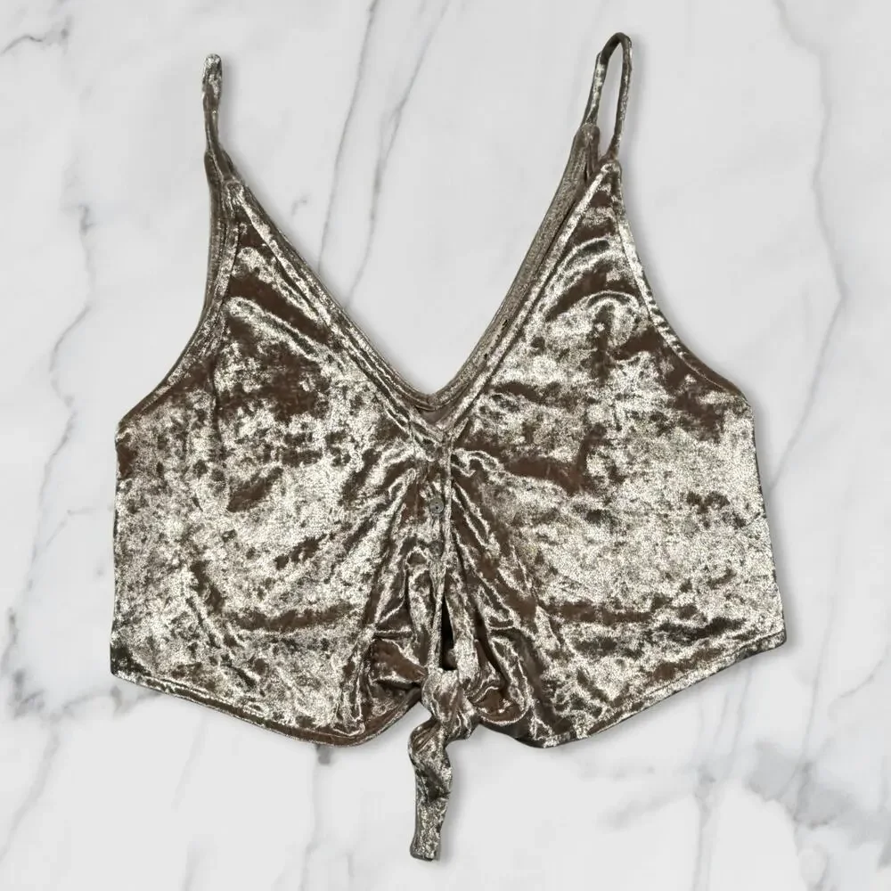 Free People Intimately Two Tie For You Velvet Crop Top Cami Champagne Small